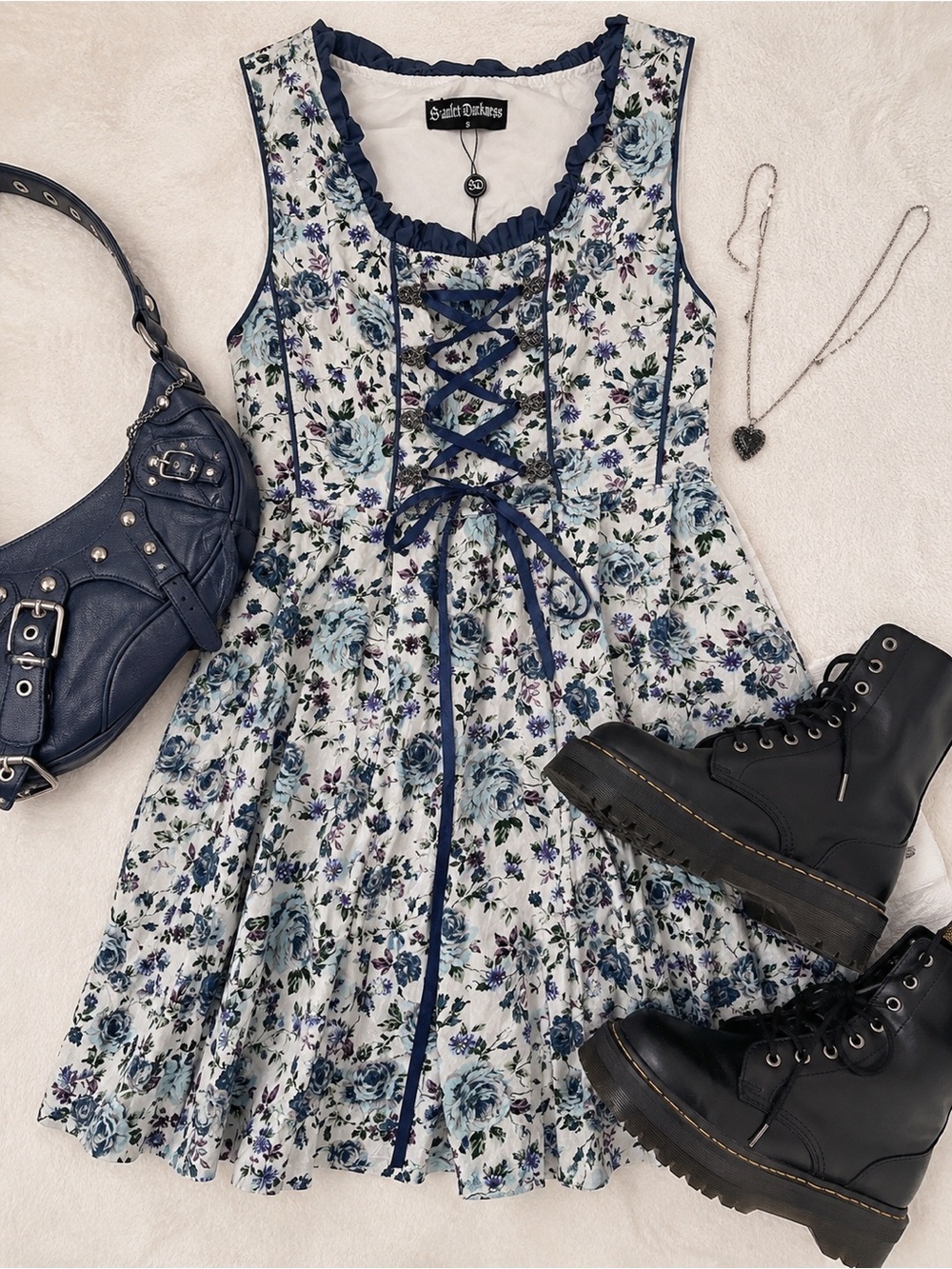 🌿🩵Scarlet Darkness Blue Floral Corset Lace-Up Dress NWT
